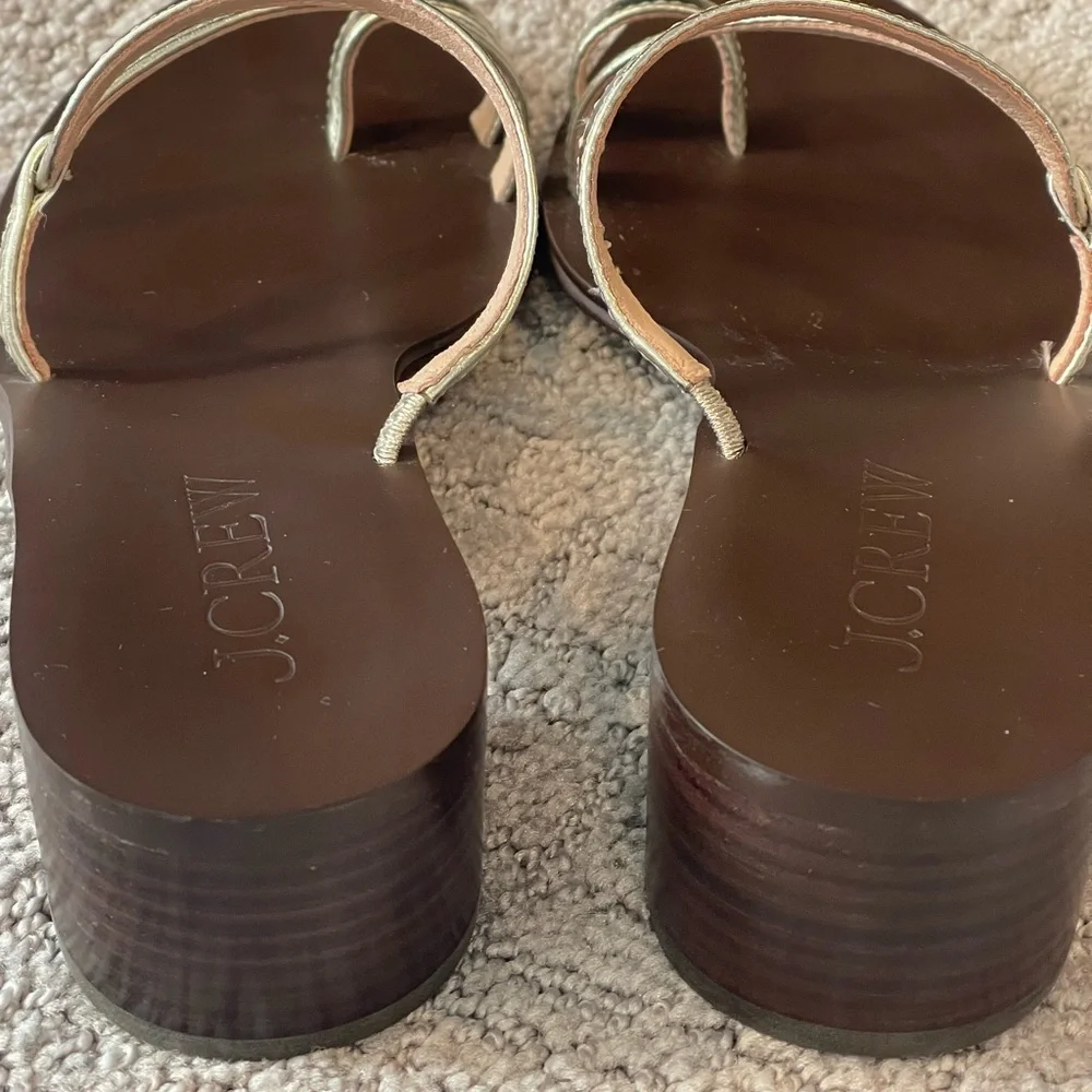 J. Crew Metallic and Brown Strappy Toe Ring Sandals, Stacked 2” Block Heel, 6